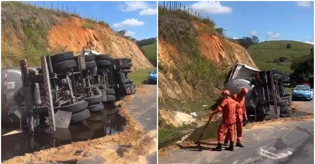 Carreta com ácido sulfônico tomba na RJ-186, em Pádua