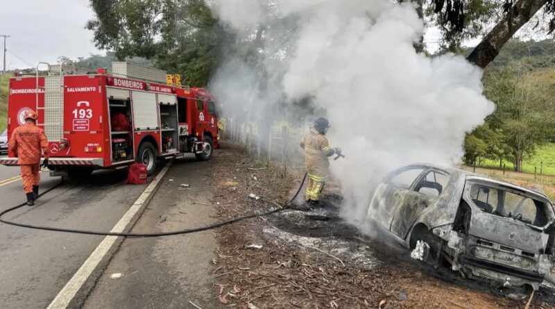 Carro pega fogo após colisão com árvore na RJ-220 entre Natividade e Porciúncula